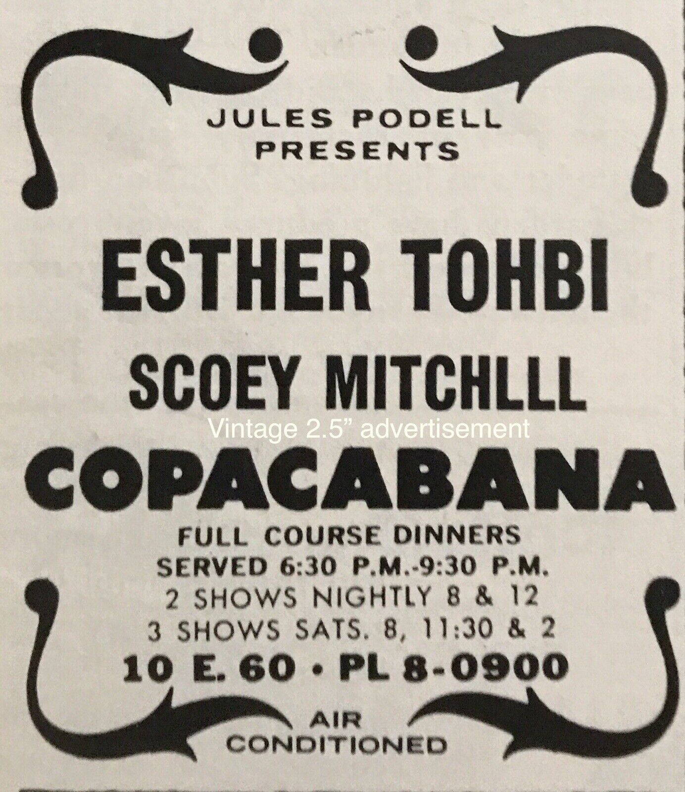 2.75” AD 1968 Esther Tohbi Show The Copacabana NYC VINTAGE Promo