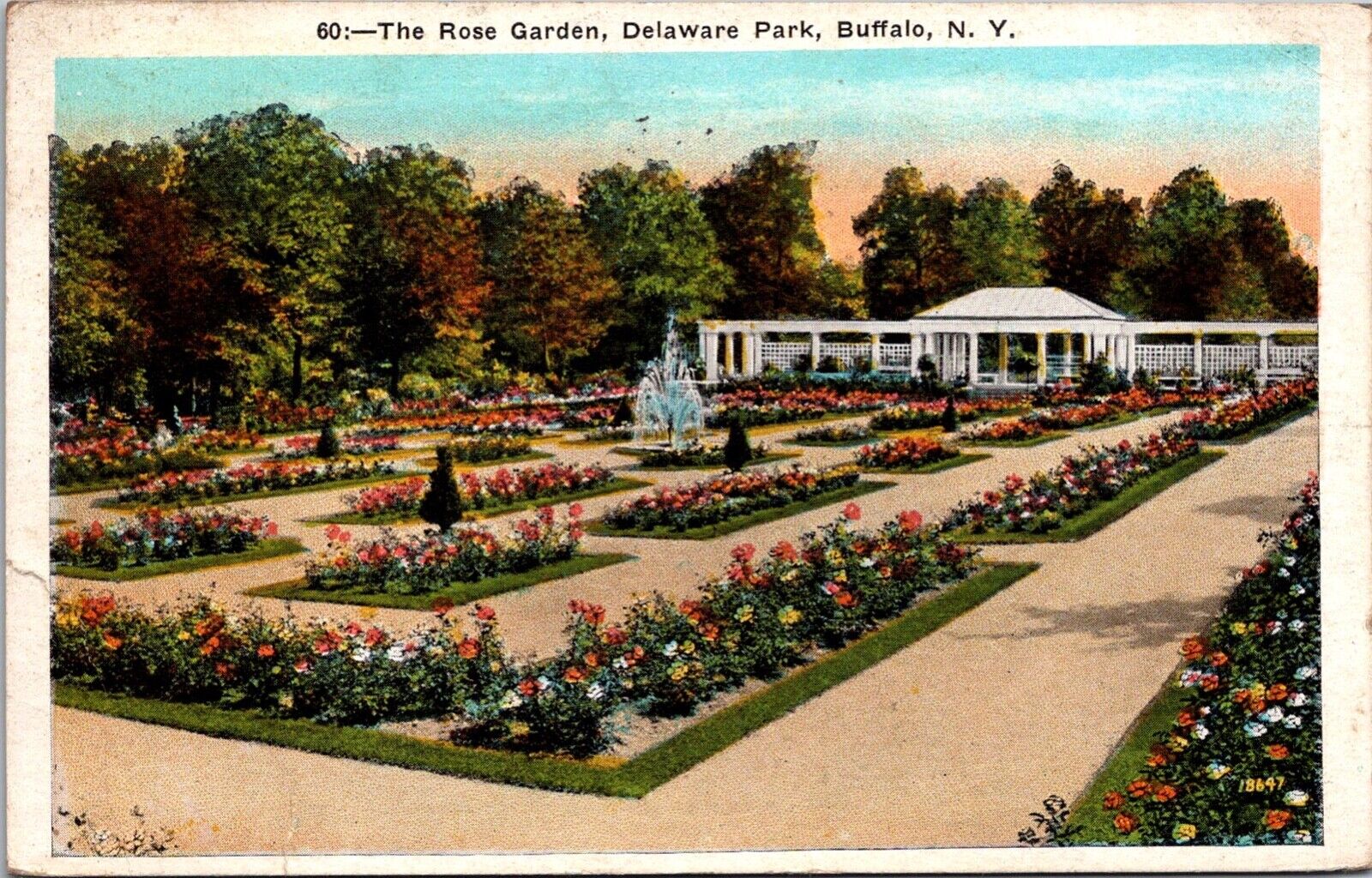 Postcard: Buffalo, NY The Rose Garden Delaware Park Water Fountain 1924