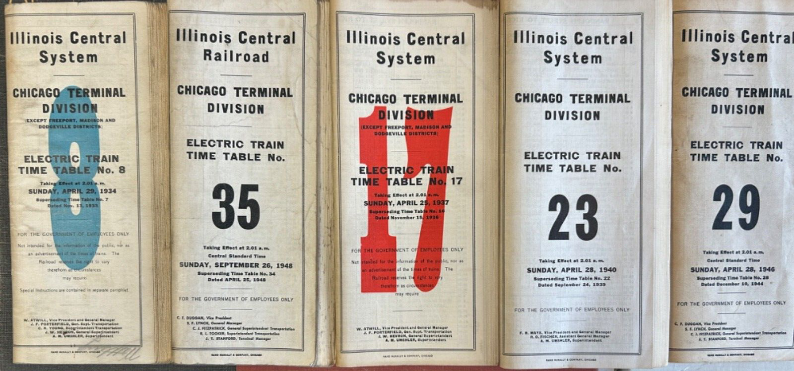 Lot of 5 Illinois Central Railroad Chicago Division Employee Timetable No. 29...