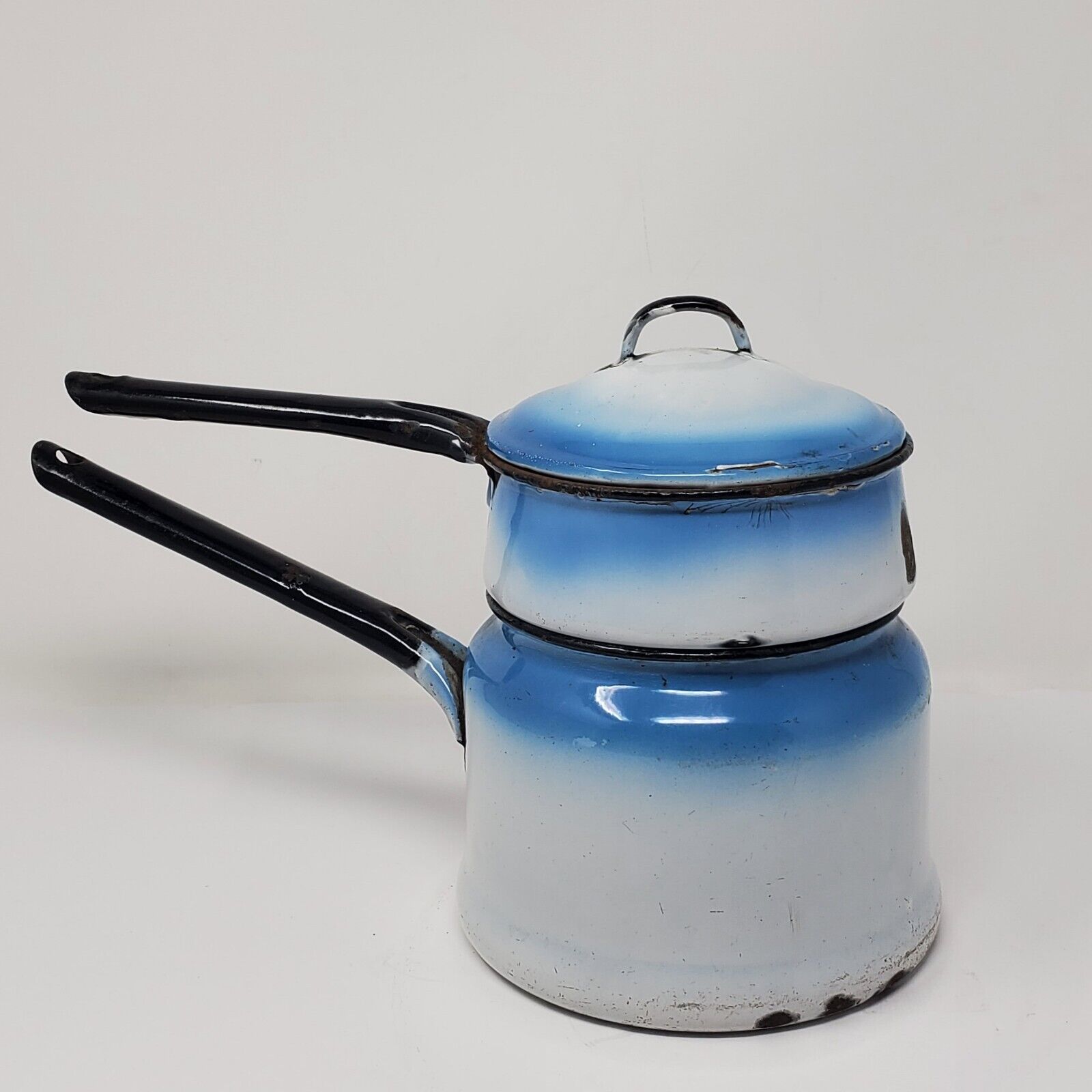 Vintage Blue Speckled Enamel Ware Double Boiler Pot w/ Lid -REAL Farmhouse Decor