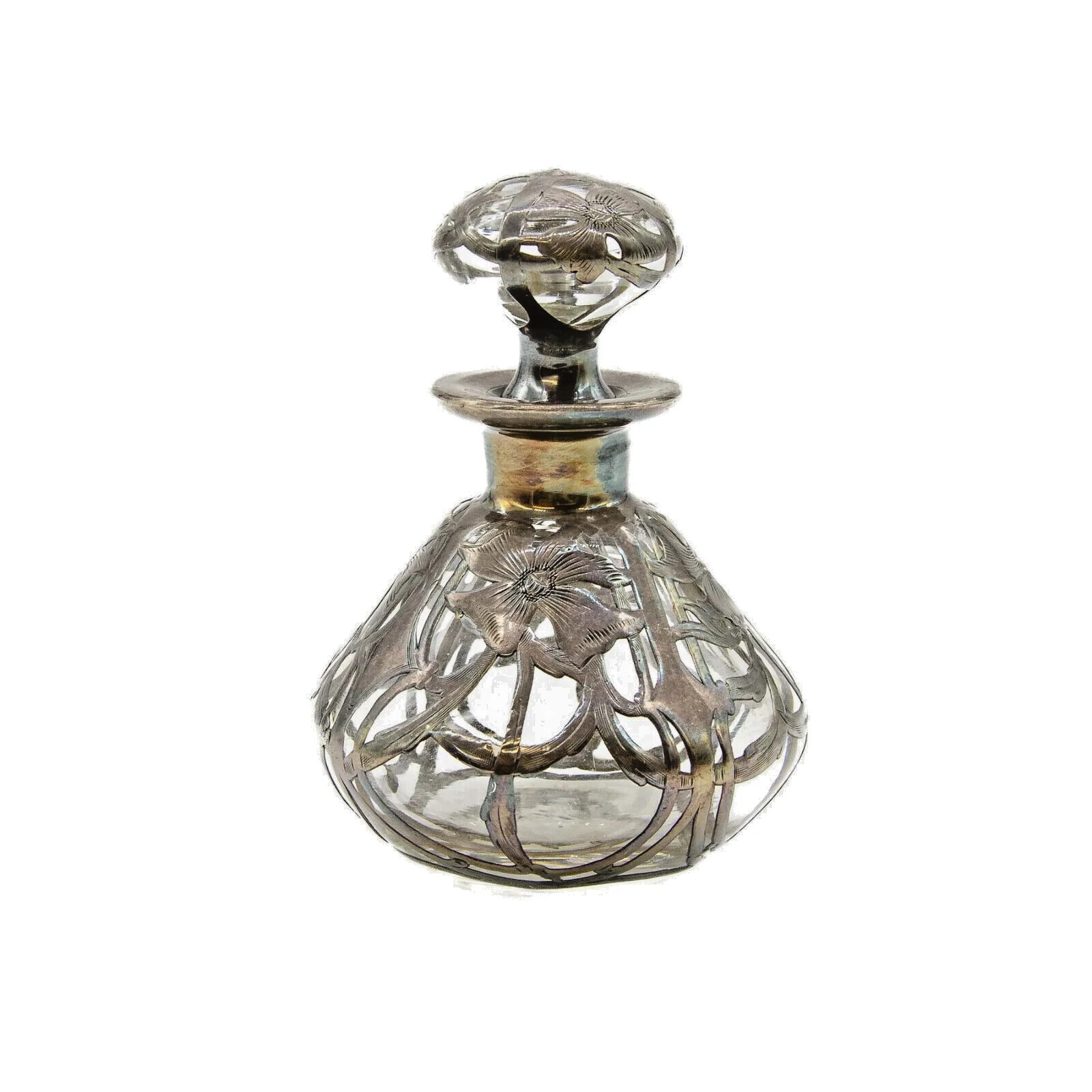 Antique Alvin Mfg. Co. 999 Fine Silver Over Glass Perfume Bottle Art Nouveau