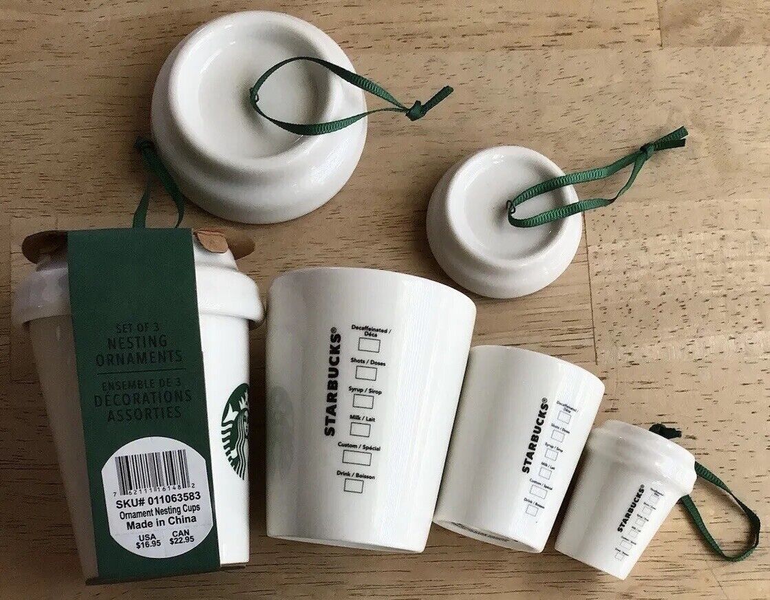 Starbucks 3 Pc Nesting CUPS Ornaments ~ NEW Ceramic w/Green Hanging Ribbons