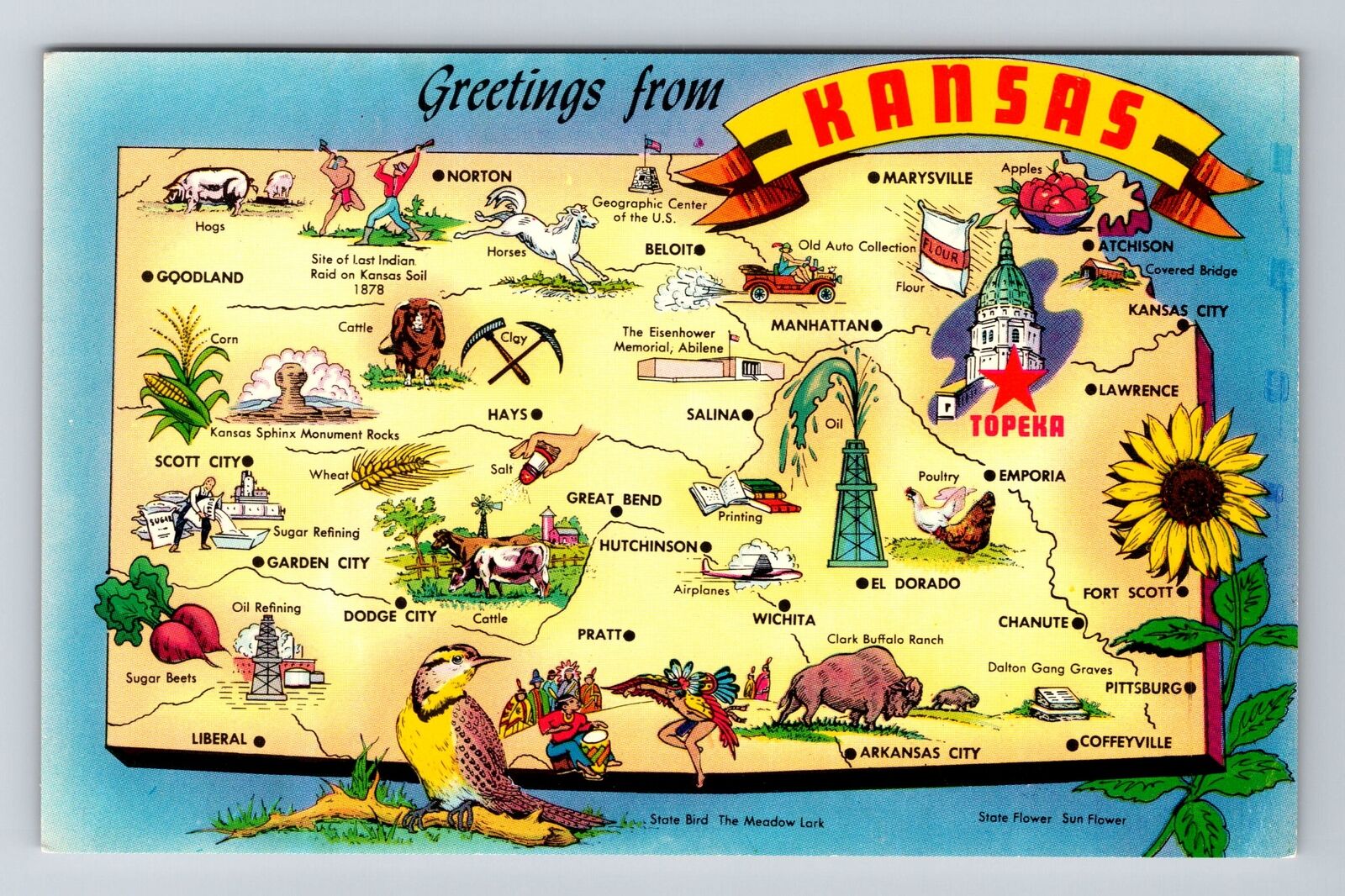 KS-Kansas, Scenic Map Greetings, Landmarks, Vintage Postcard