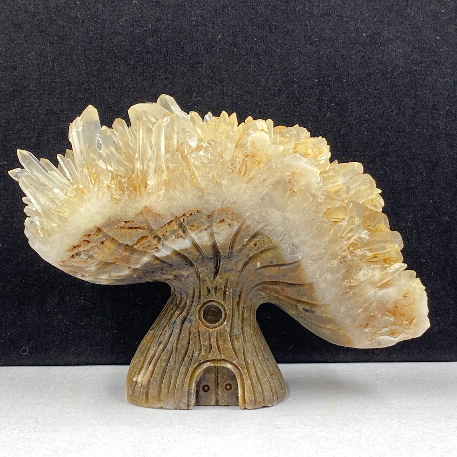 441g Natural quartz crystal cluster mineral specimen, hand-carved the Tree house