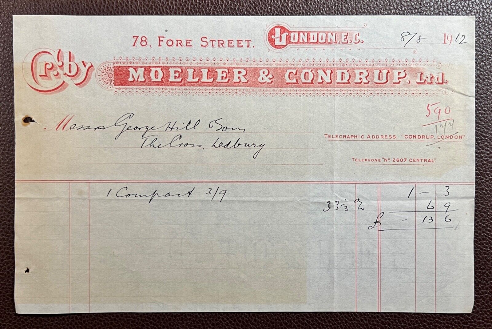 1912 Moeller & Condrup, Engineers, 78 Fore Street, London Invoice