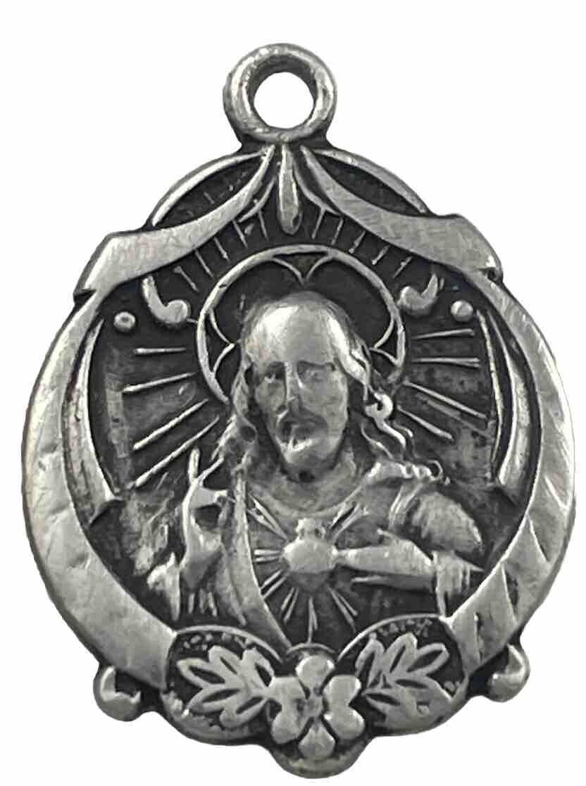 Vintage Catholic Sterling Silver Sacred Heart Jesus Medal