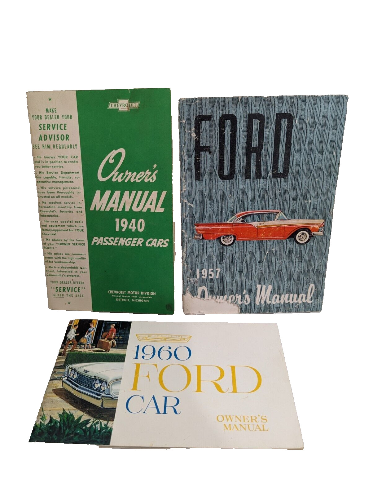 3 Vintage Auto Owners Manuals 1960 Ford 1940 Chevy  1957 Ford Antique Collector