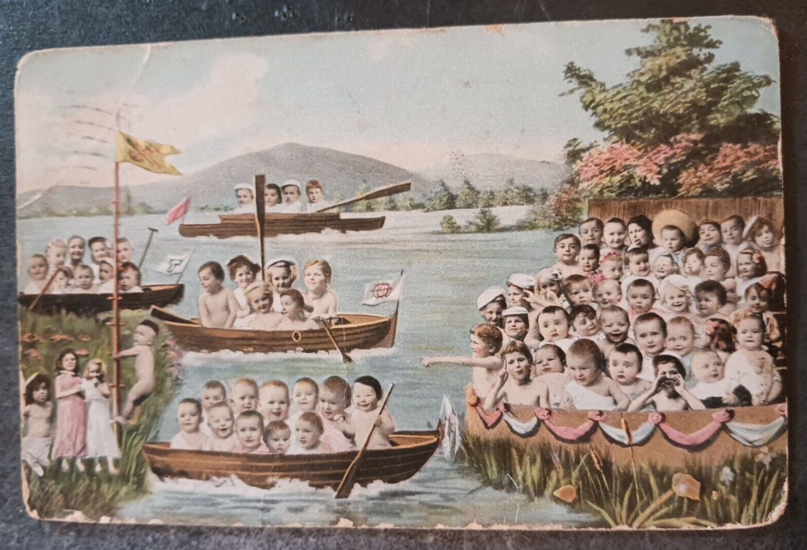 1909 postcard Multiple babies Water babies in boats collage very surreal antique