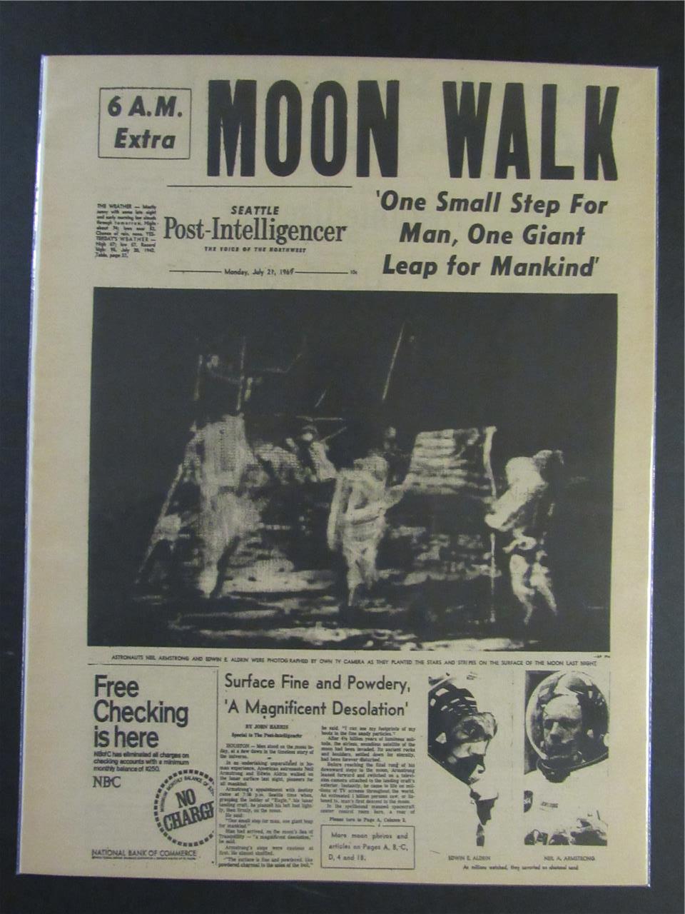 VINTAGE NEWSPAPER HEADLINES ~ ASTRONAUTS ARMSTRONG ALDRIN LAND WALK ON MOON 1969