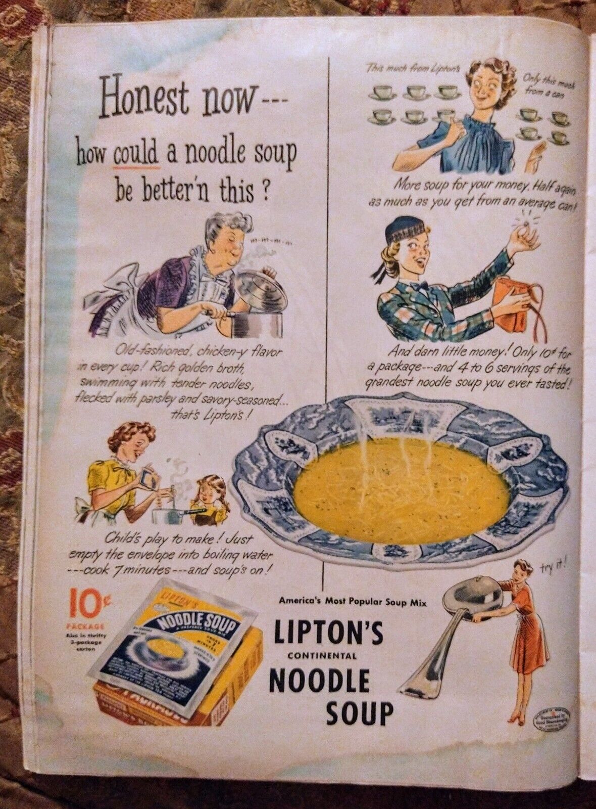 1944 Lipton\'s Noodle Soup-America\'s Most Popular Soup Mix~1940s Large Color Ad