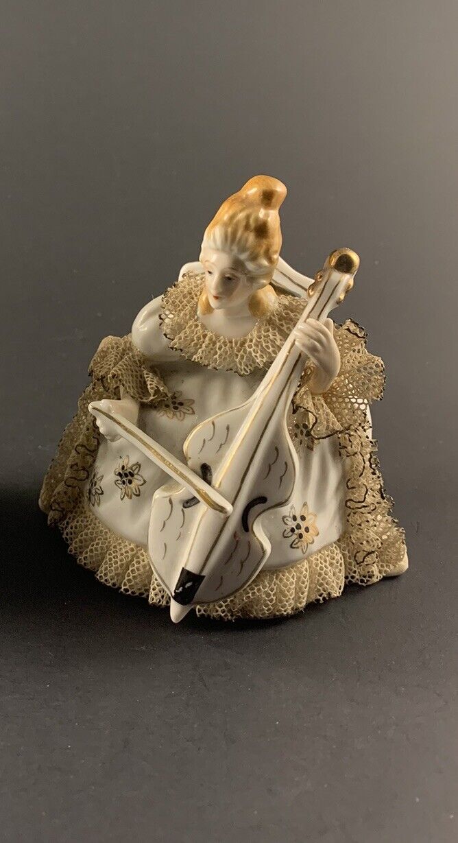 Dresden Lace-Style Figurine Cello Player  Gold Trim Colonial Vitorian