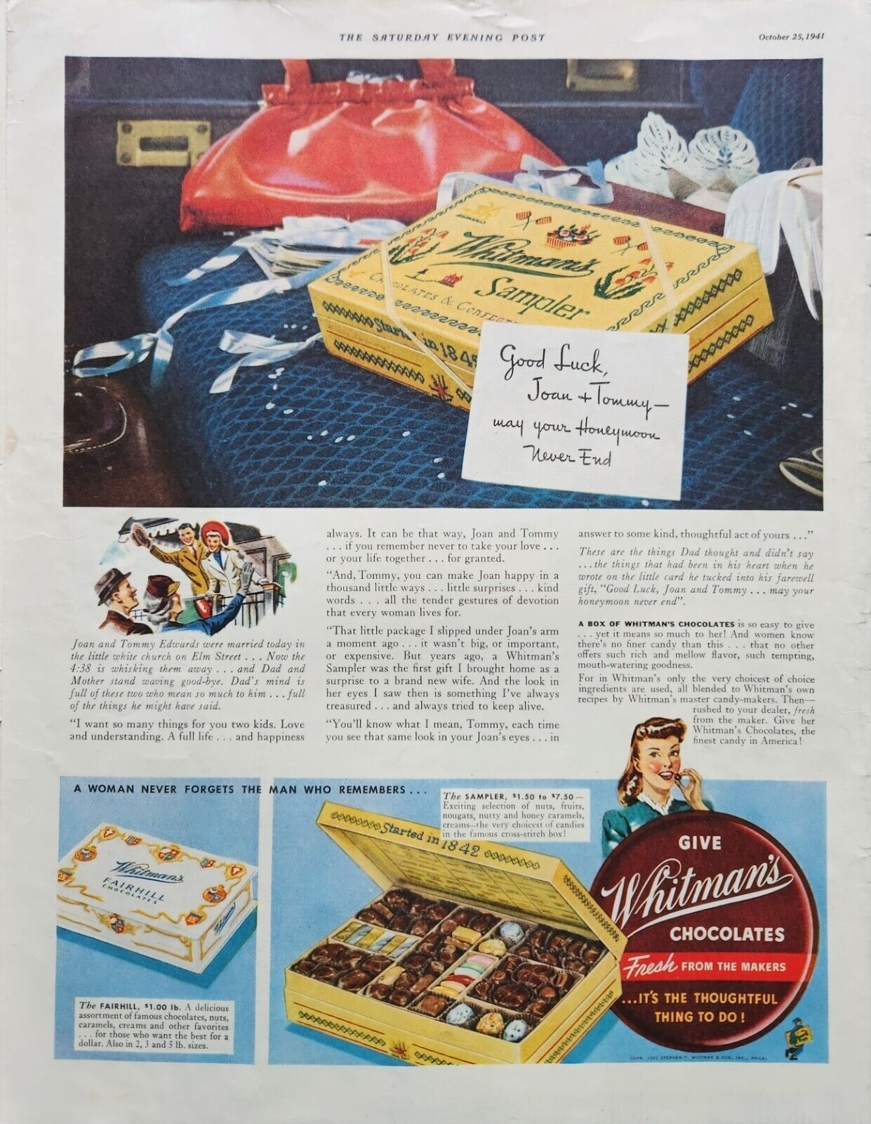 1941 Whitmans chocolate candy Vintage Ad good luck may your honeymoon