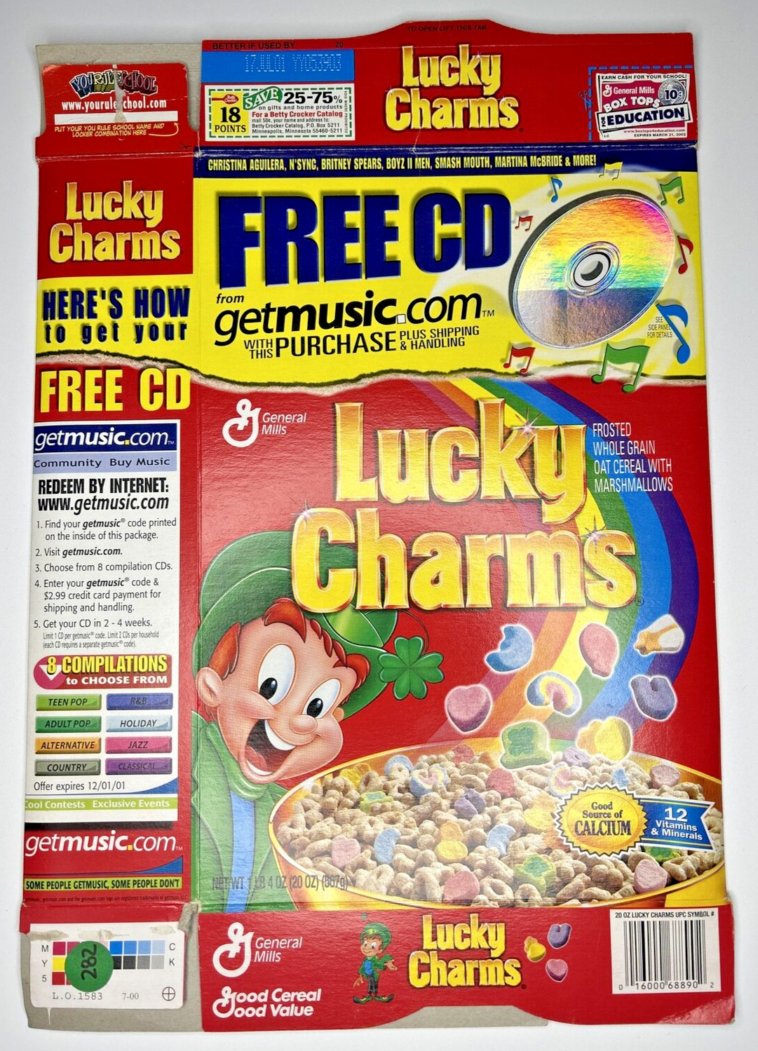2001 Empty Lucky Charms Free CD Offer 20OZ Cereal Box SKU U200/282