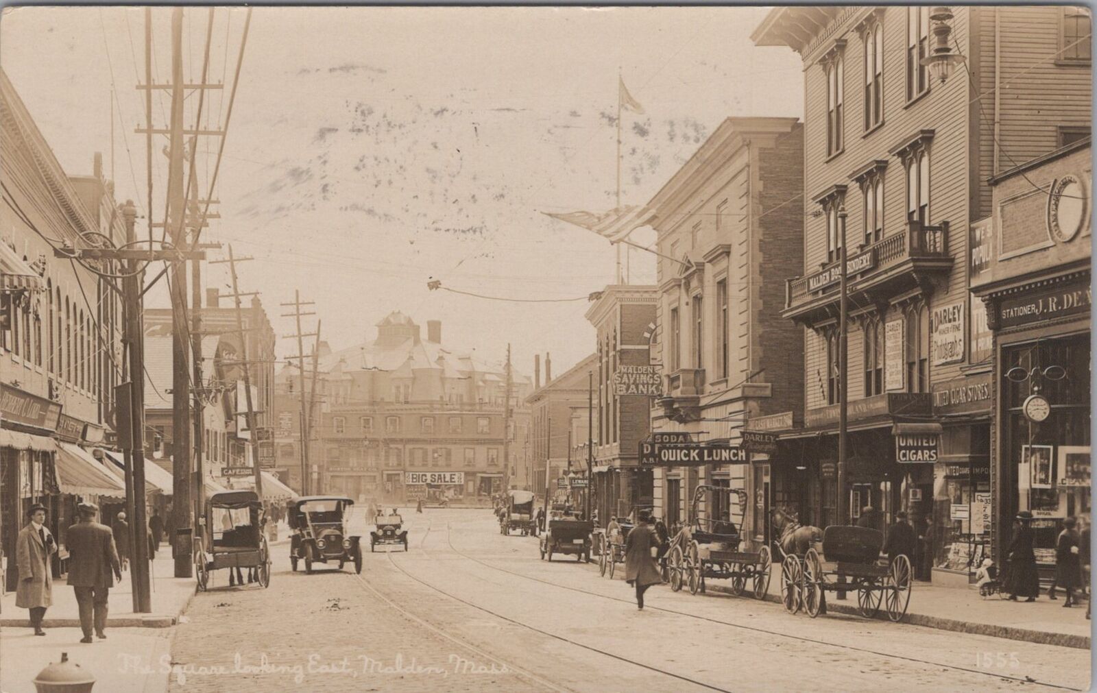 The Square Street View Old Cars Stores Malden Massachusetts 1915 RPPC Postcard