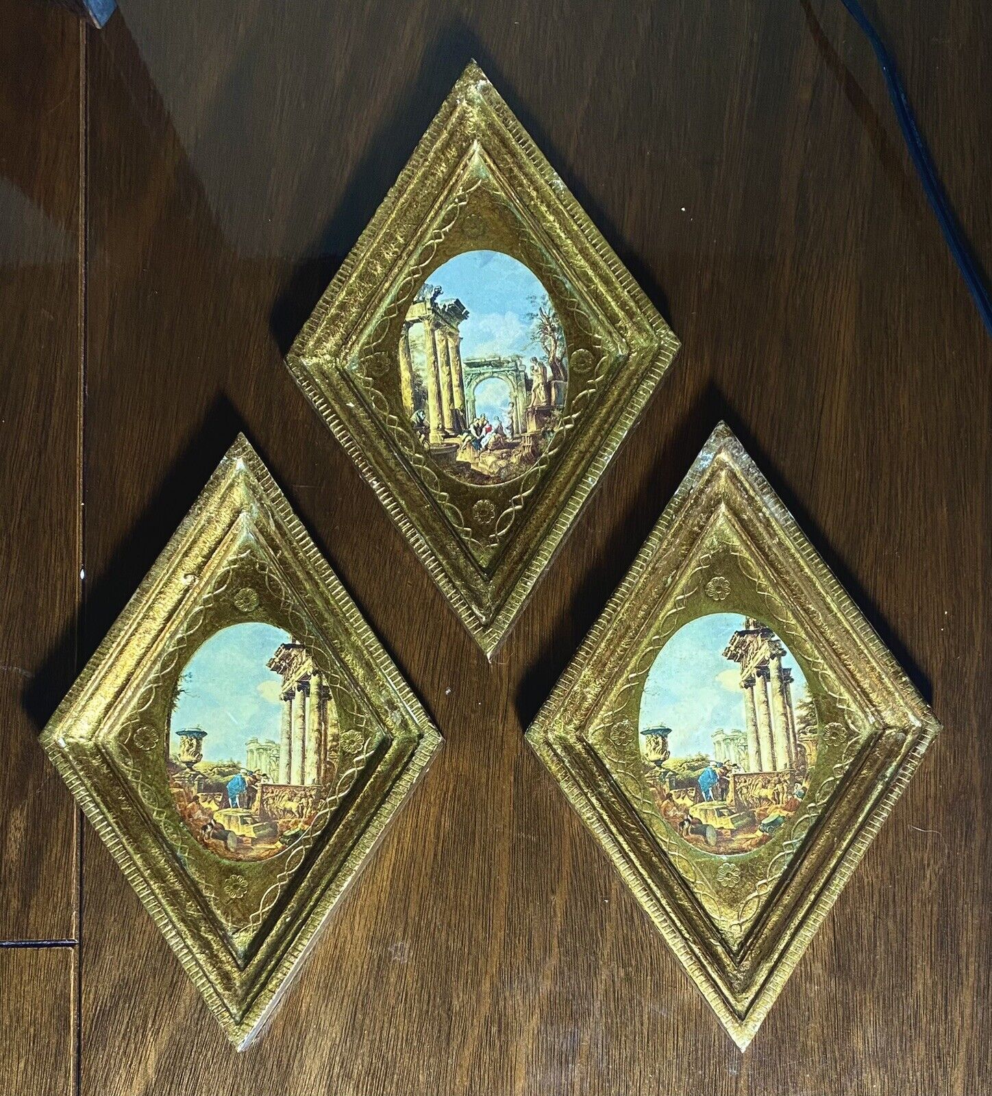 Mid Century Guilded Wooden Hand Crafted Frames Of Ancient Pannini, Roman Ruins