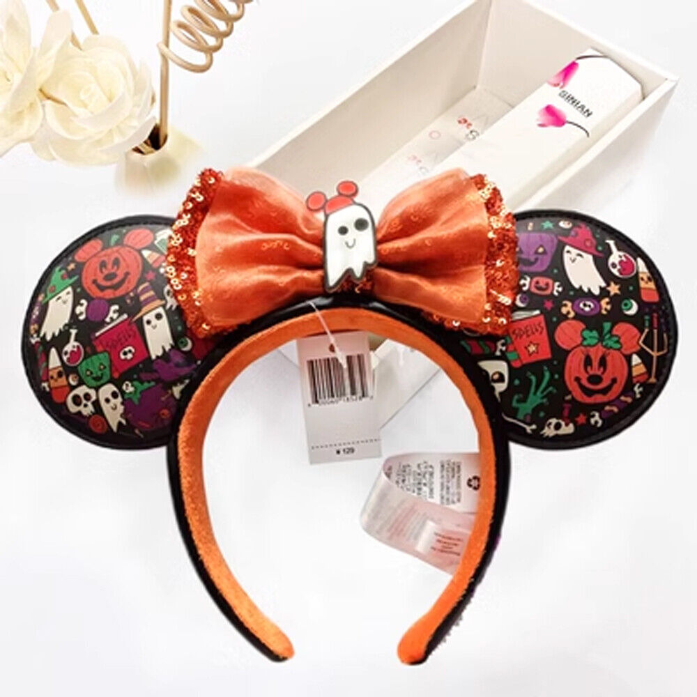 US Disney Parks 2023 Halloween Minnie Ghost Sequin Bow Headband Ears Pumpkin