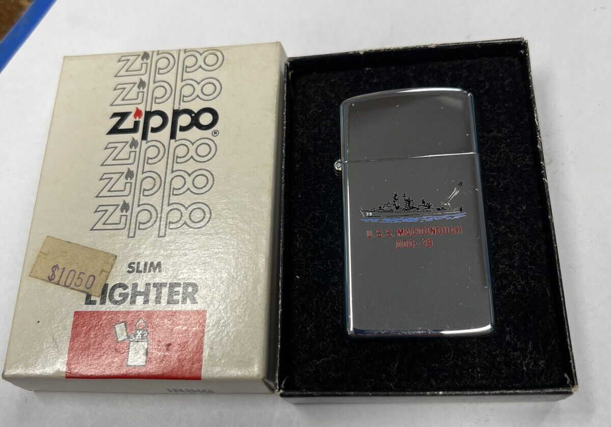 ZIPPO 1984 USS MACDONOUGH NAVY DOUBLE SIDED SLIM LIGHTER UNFIRED IN BOX MM19