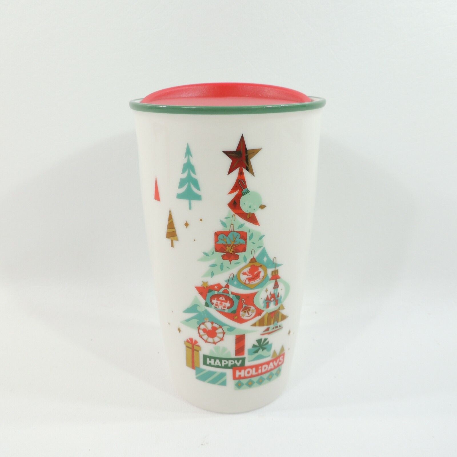 Starbucks HAPPY HOLIDAYS Disney 12 oz Tumbler White Christmas Tree Red Top