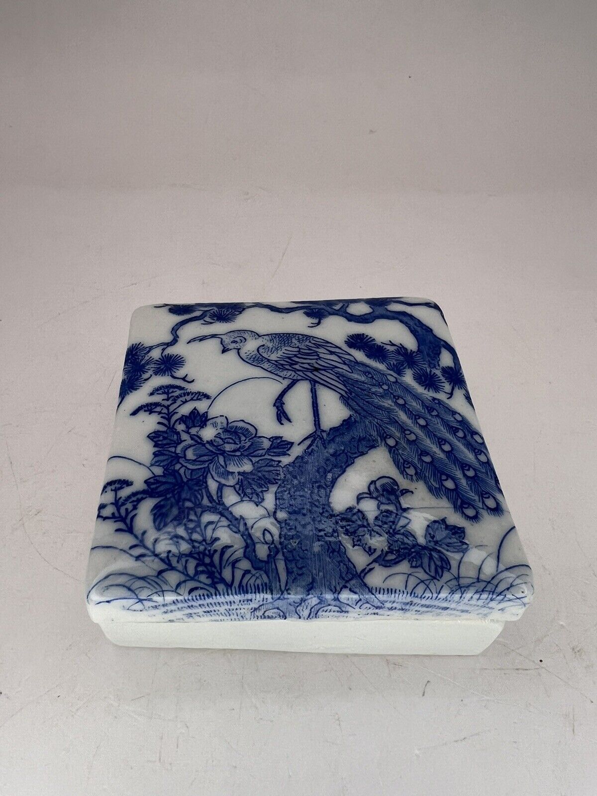 19C Chinese Blue & White Square Porcelain Box Bird & Flower Motif