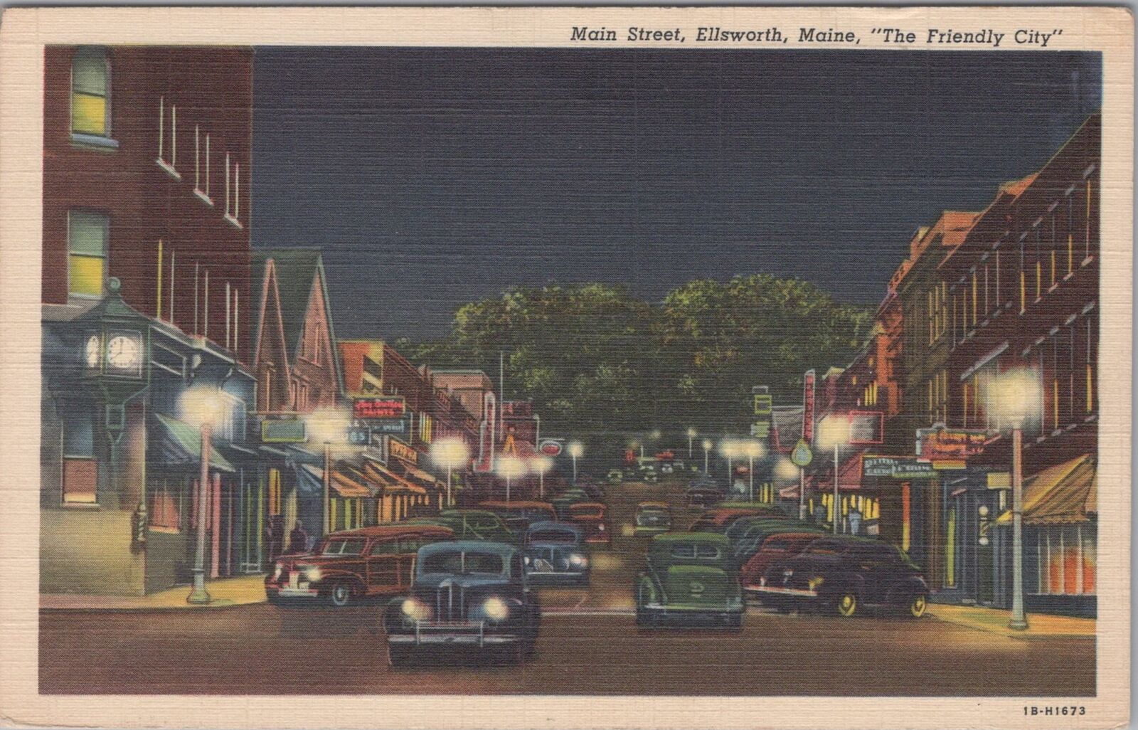 Main Street, Ellsworth, Maine Night View 1947 Postcard
