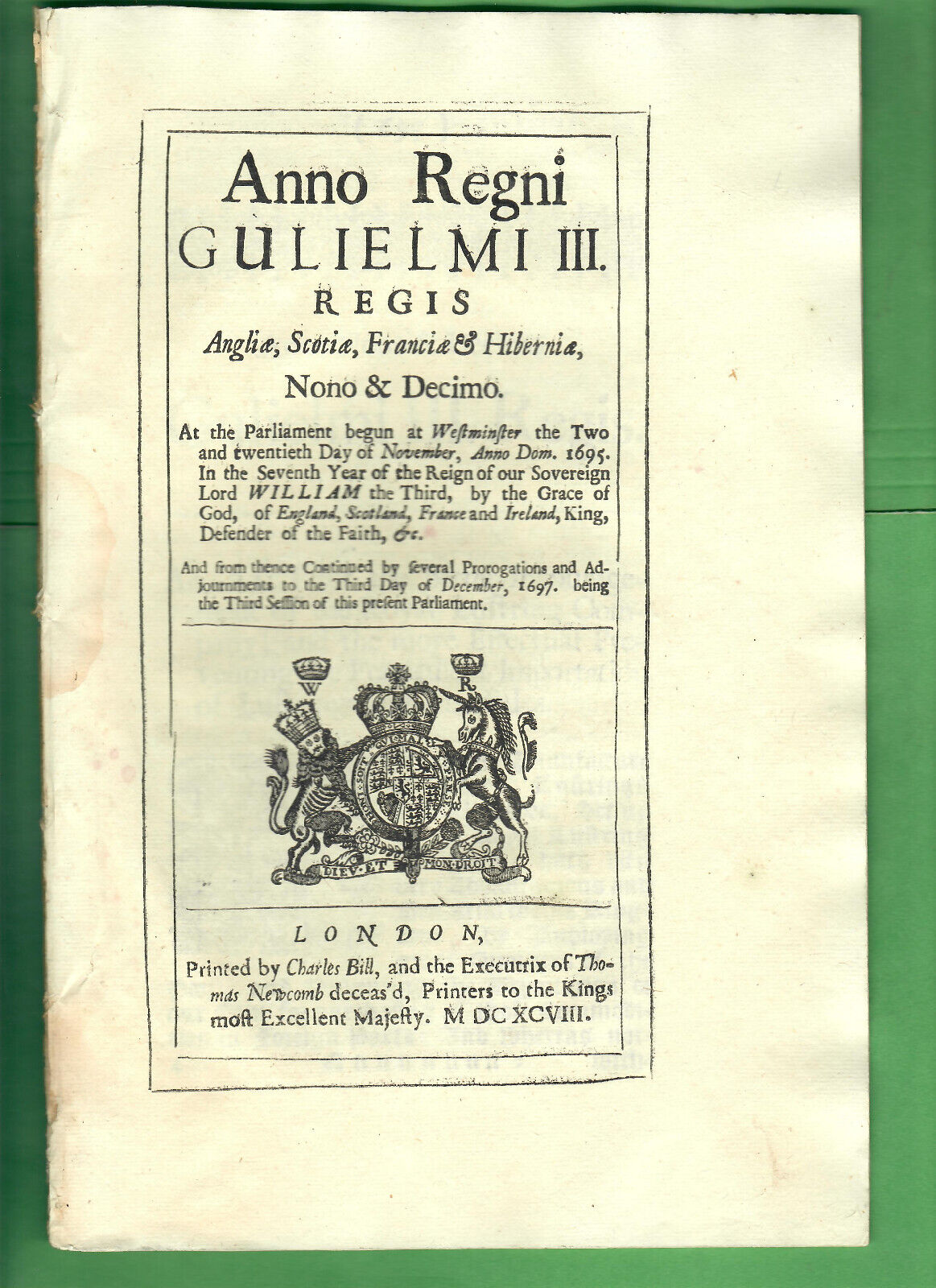 1698 ORIGINAL ANNO REGNI GULIELMI III REGIS  ACT OF PARLIAMENT 16 PAGES 7.55\
