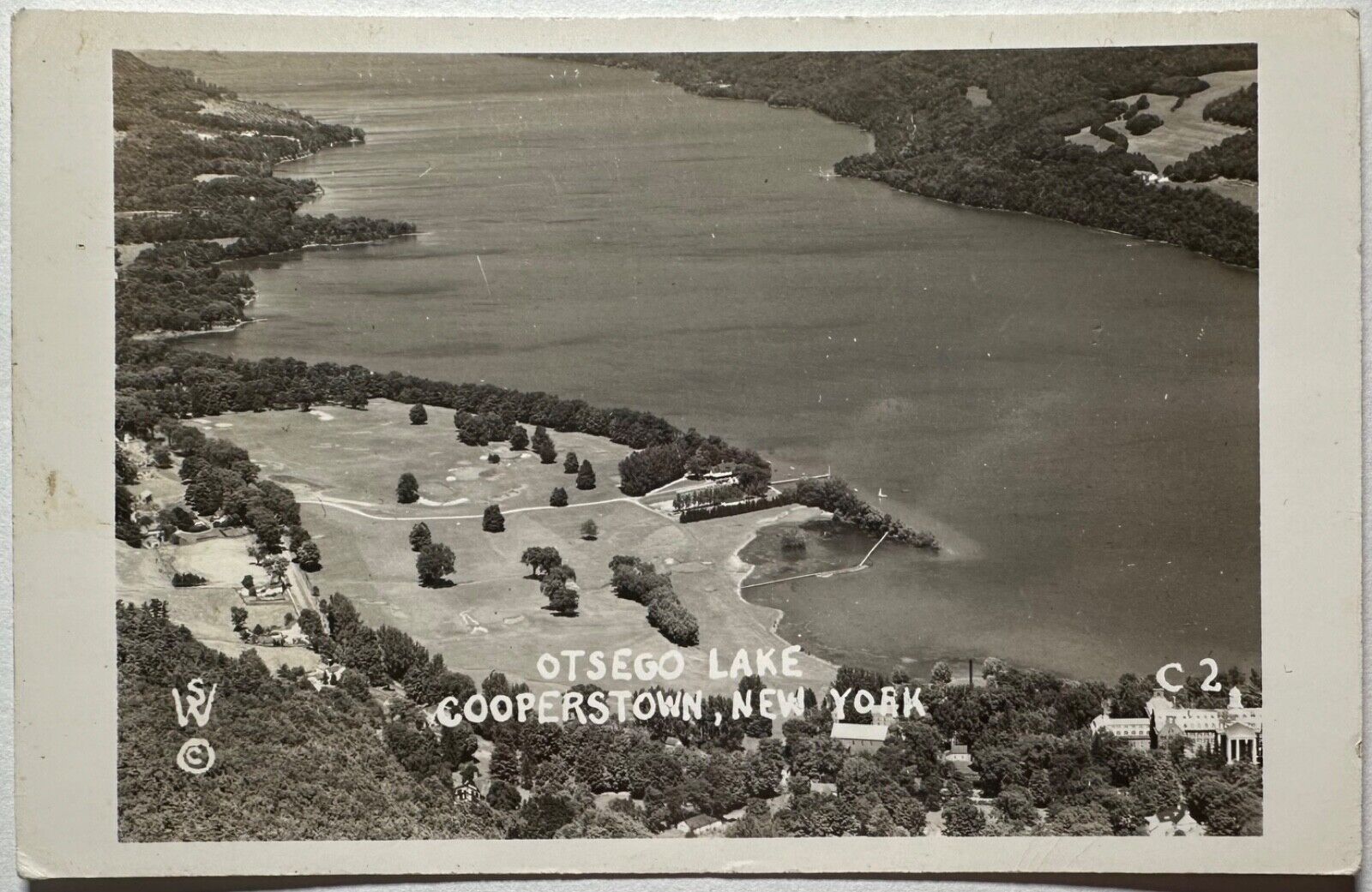 Otsego Lake Aerial View Cooperstown New York RPPC Postcard