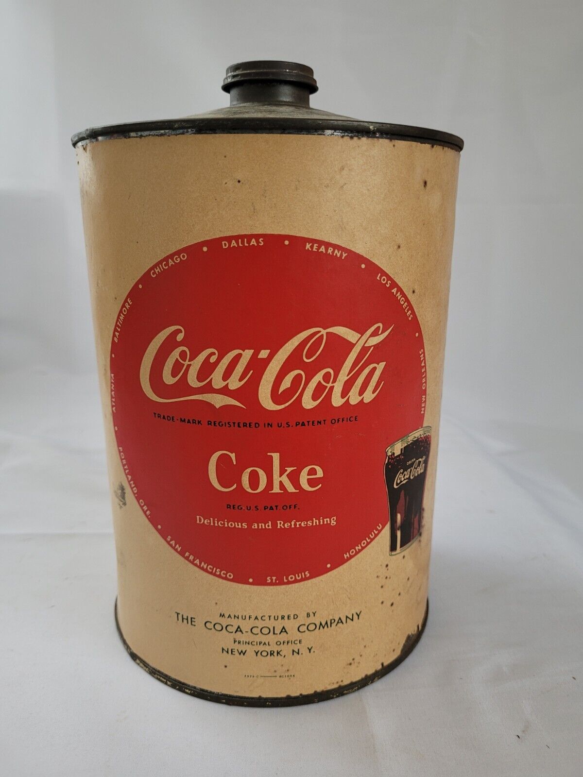 Early 1950\'s Coca Cola 1 Gallon Syrup Tin Paper Label Cone Top Lid New York 
