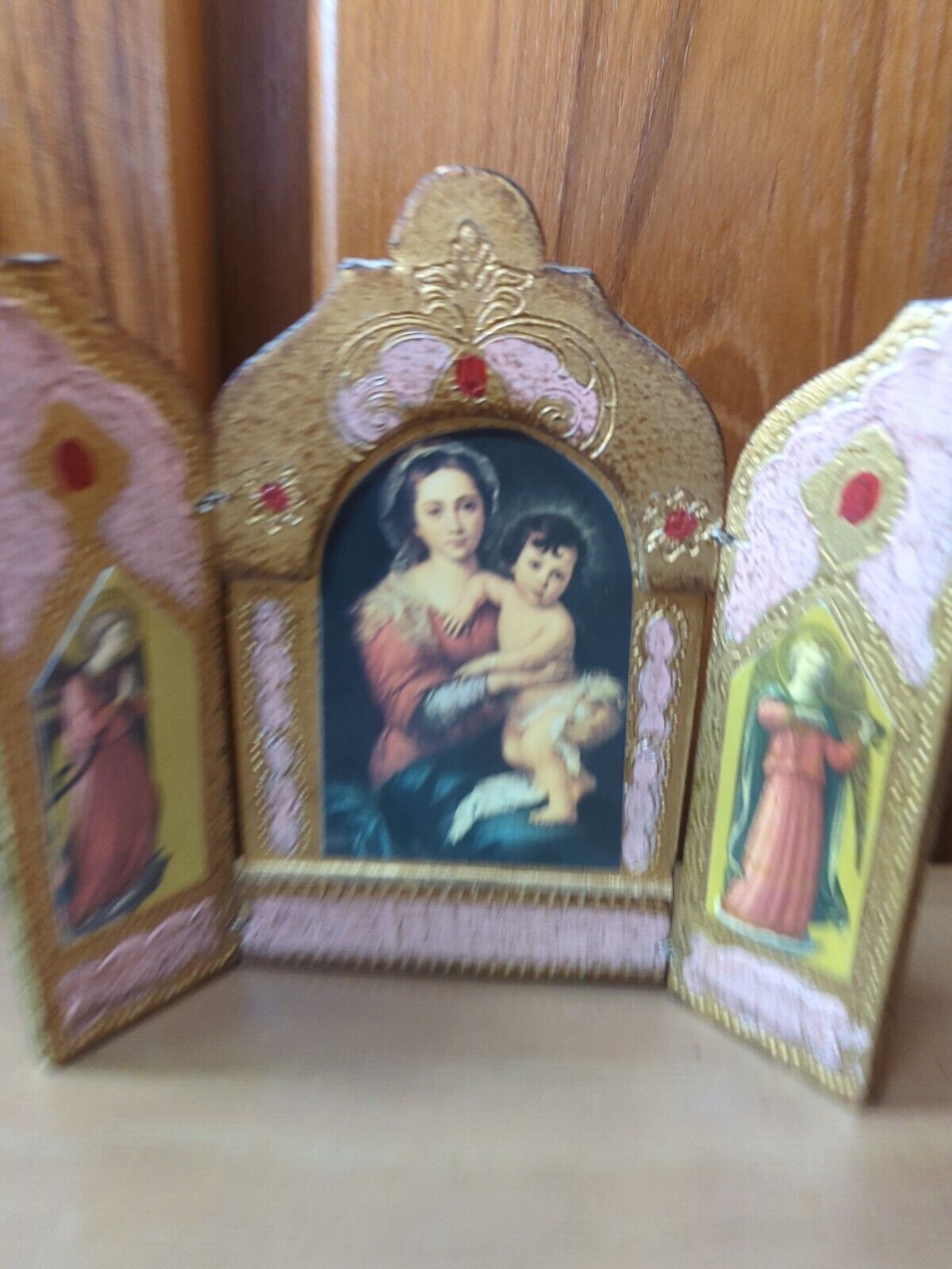 Vintage Madonna Florentine Icon Madonna & Child Gold Gilt Pink Triptych Italy