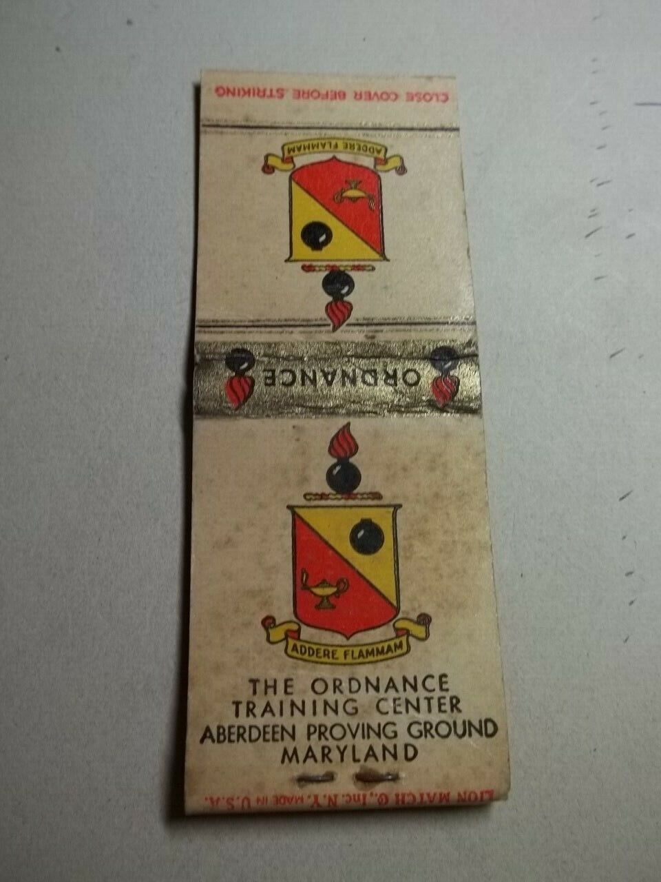 Matchbook Cover The Ordnance Training Center Proving Ground Aberdeen MD  #05