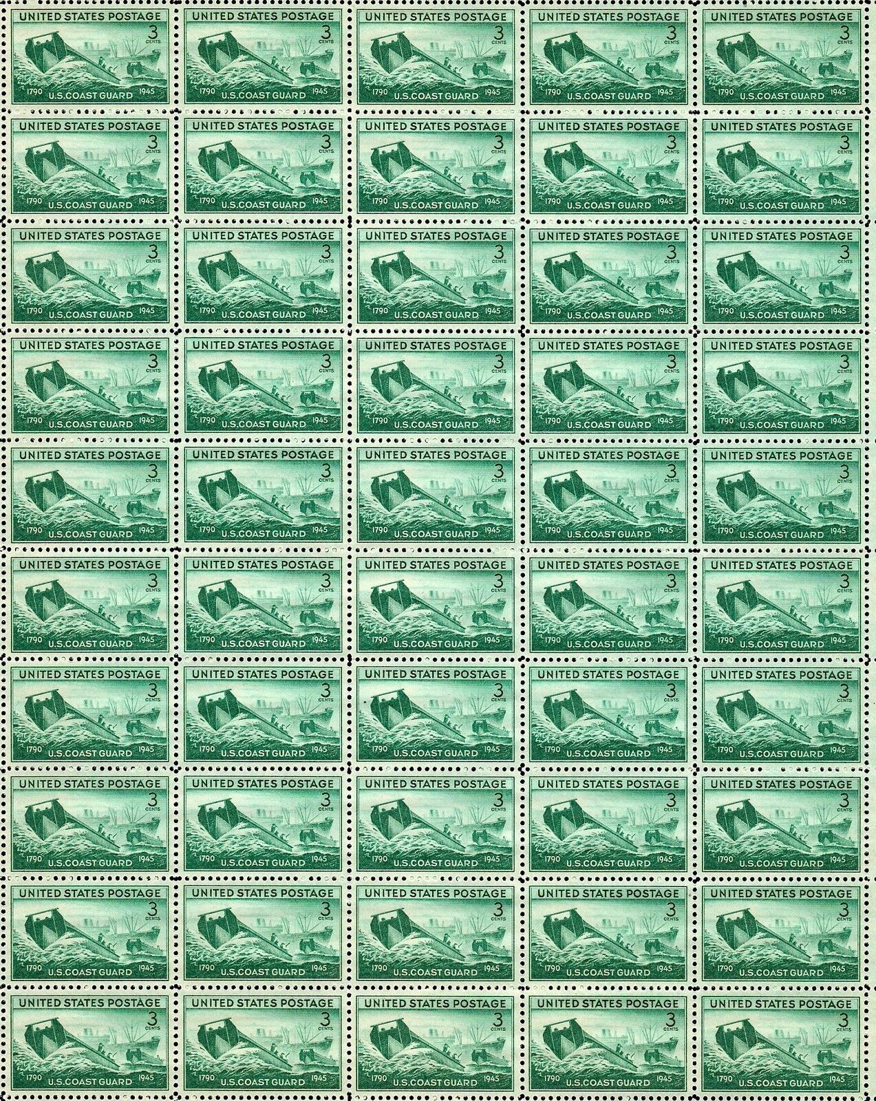 U.S. COAST GUARD (1945) – Full Mint -MNH- Sheet of 50 Vintage Postage Stamps