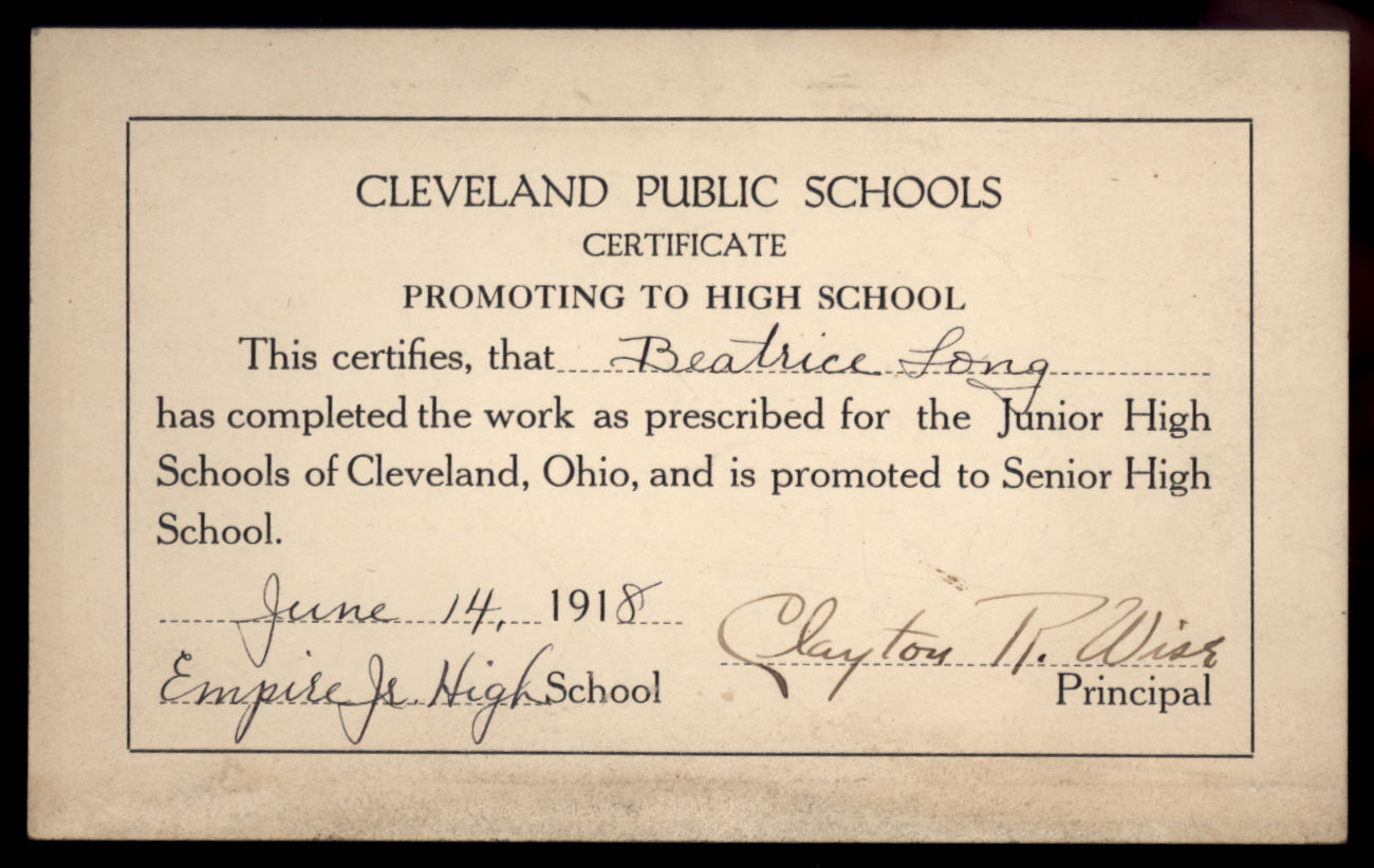 June 14, 1918 - CLEVELAND PUBLIC SCHOOLS promotion CERTIFICATE for BEATRICE LONG