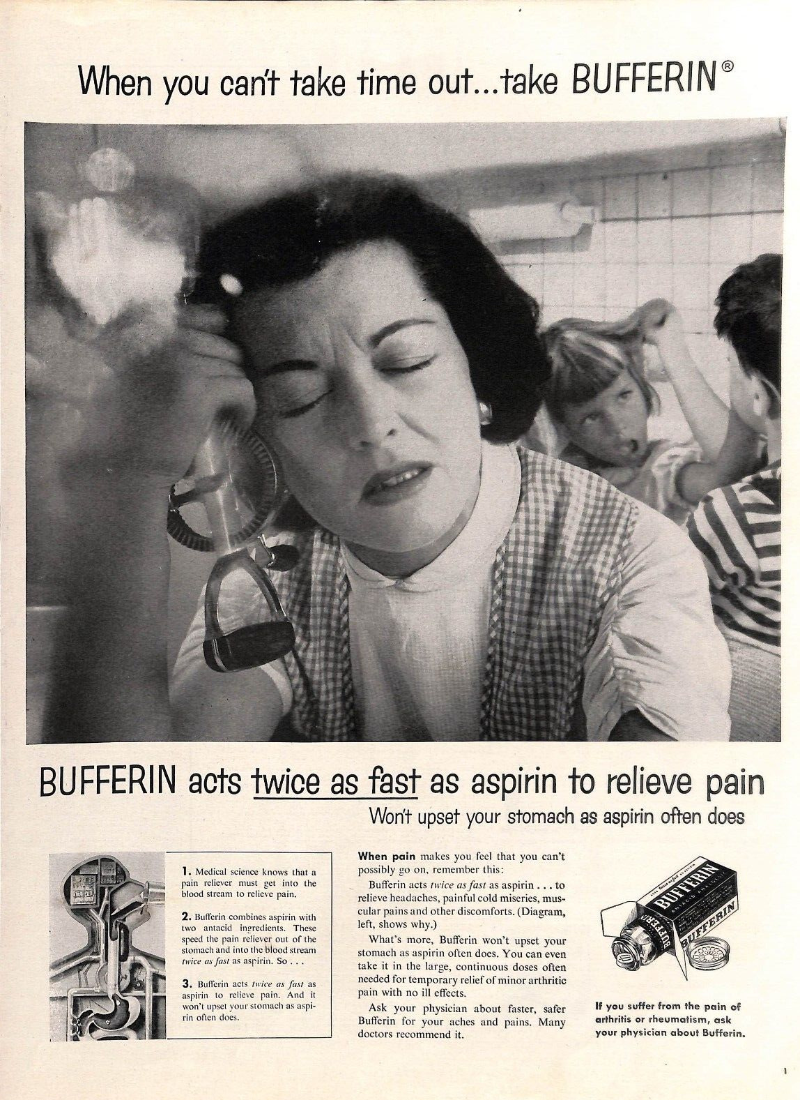 1957 Bufferin  Twice As Fast As Aspirin Mom Children Print Ad A11