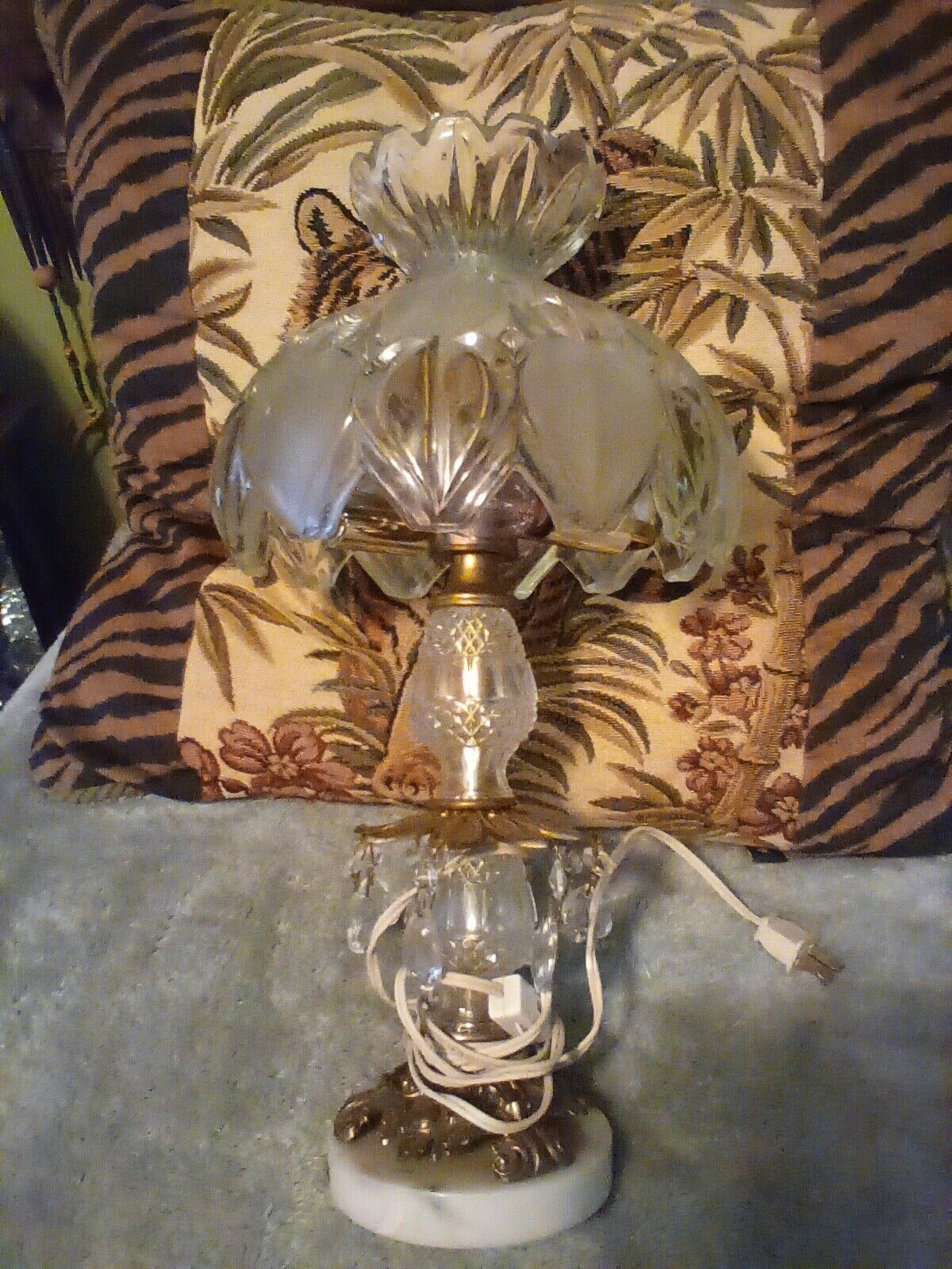 Mid century glass lamp with glass prisms and marble base,Italy,shade damage