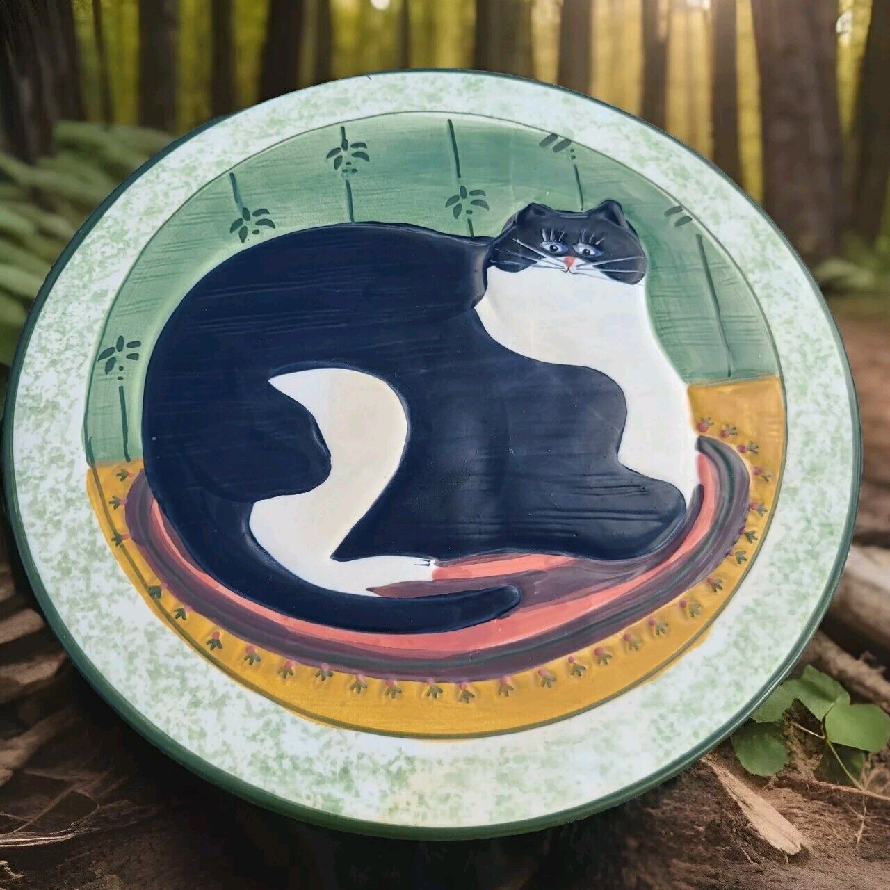 Warren Kimble Sakura Black and White Fat Cat Ceramic, Stoneware Trivet 9.5