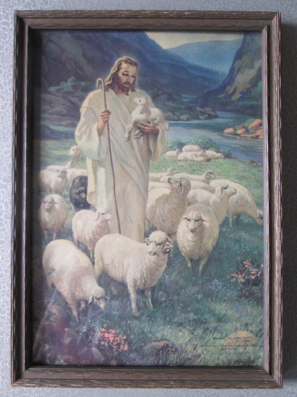 Antique Jesus The Lord is my Shepherd Print 1943 Warner Sallman Original Frame