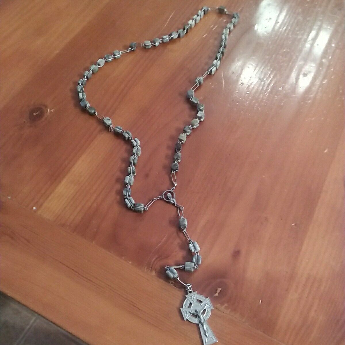 Catholic Rosary Irish Connemara Marble Cube Beads Celtic Cross Vintage Vtg