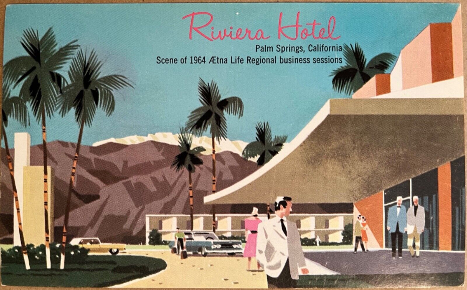 Palm Springs California Riviera Hotel Aetna Life Art Postcard 1964