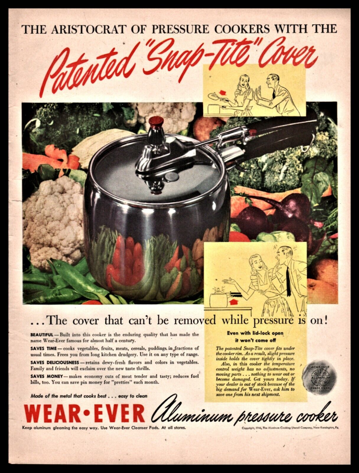 1946 WEAR-EVER Aluminum Pressure Cooker Mid-Century Kitchen Cooking AD