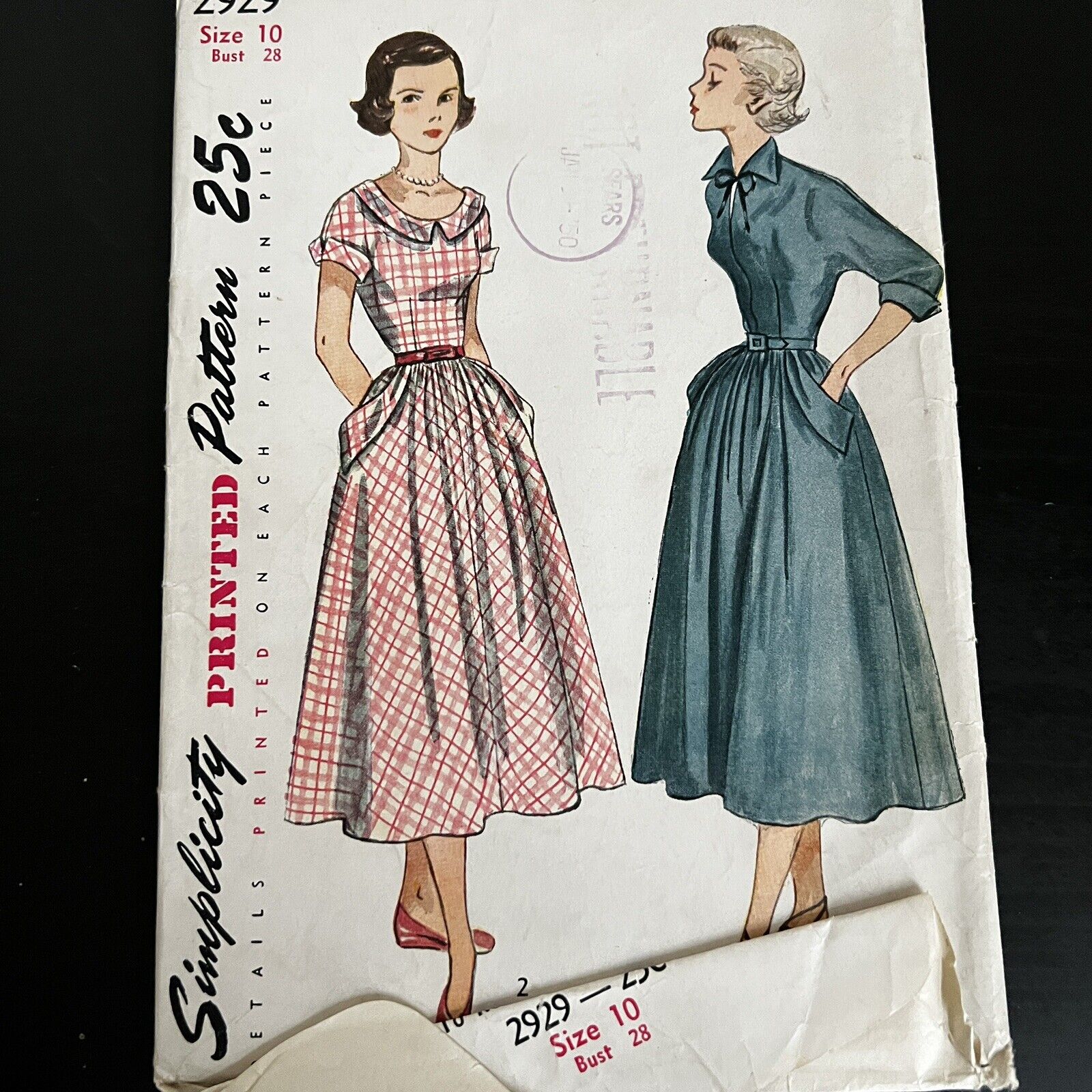 Vintage 1940s Simplicity 2929 Kimono Sleeve Pocket Dress Sewing Pattern 10 UNCUT