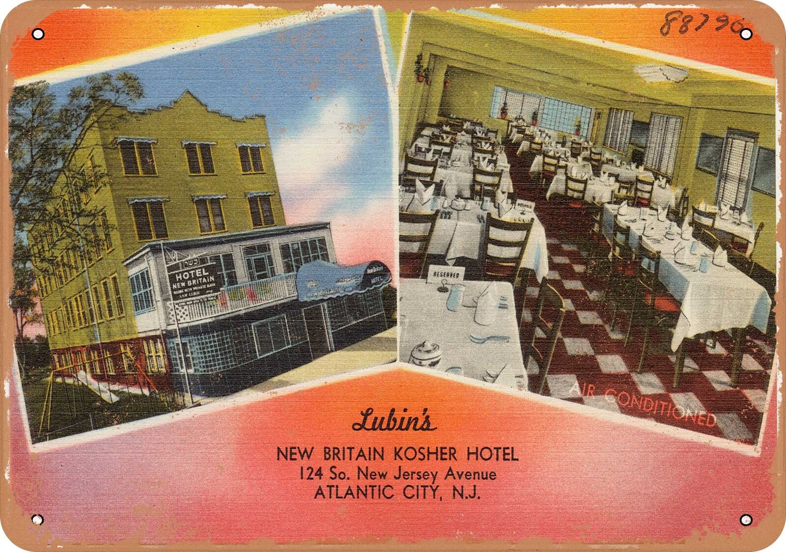Metal Sign - New Jersey Postcard - Lubin\'s, New Britain Kosher hotel, 124 So. N