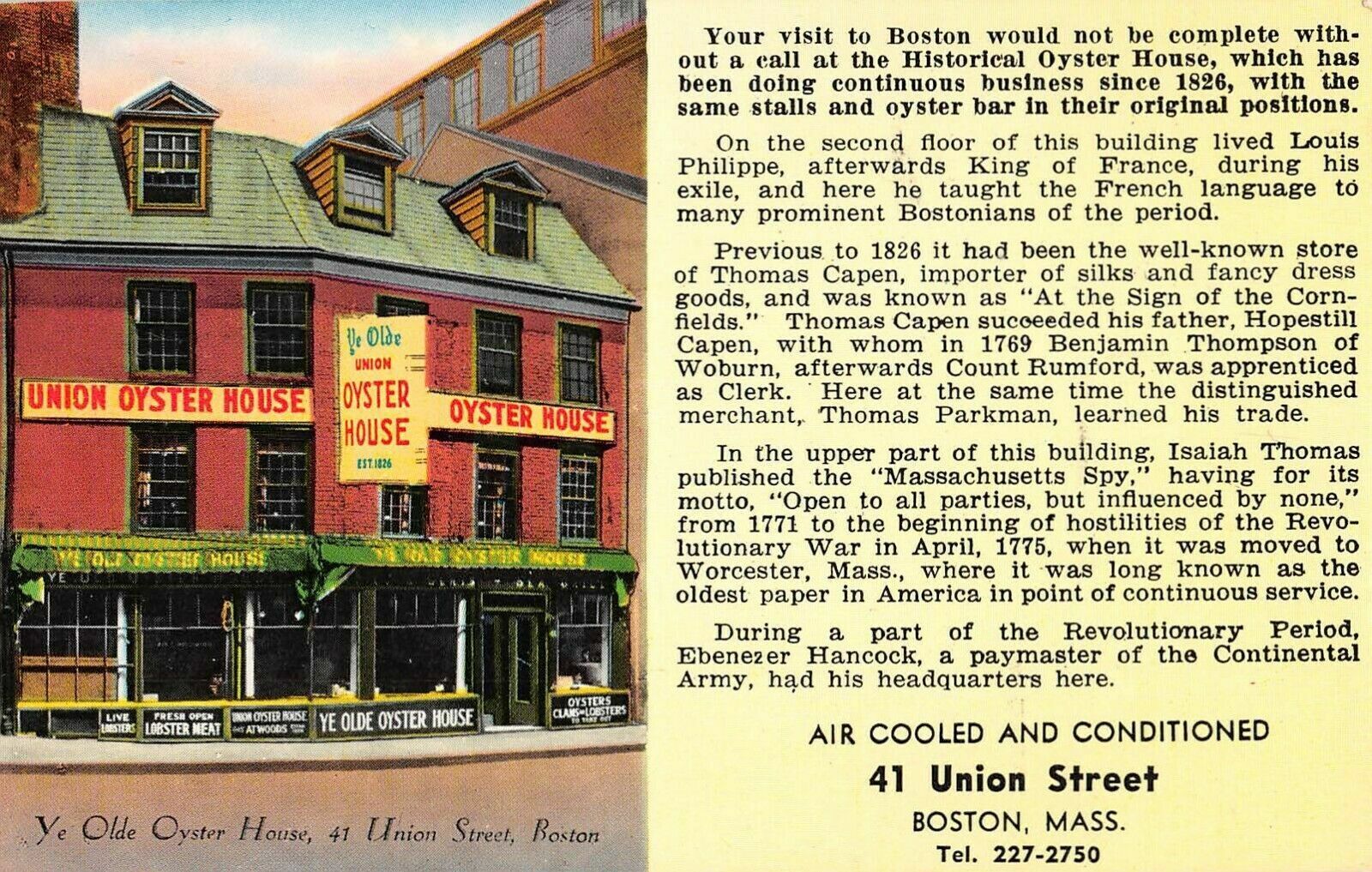 Postcard - Ye Olde Oyster House - 41 Union Street Boston, MA King Louis Philippe
