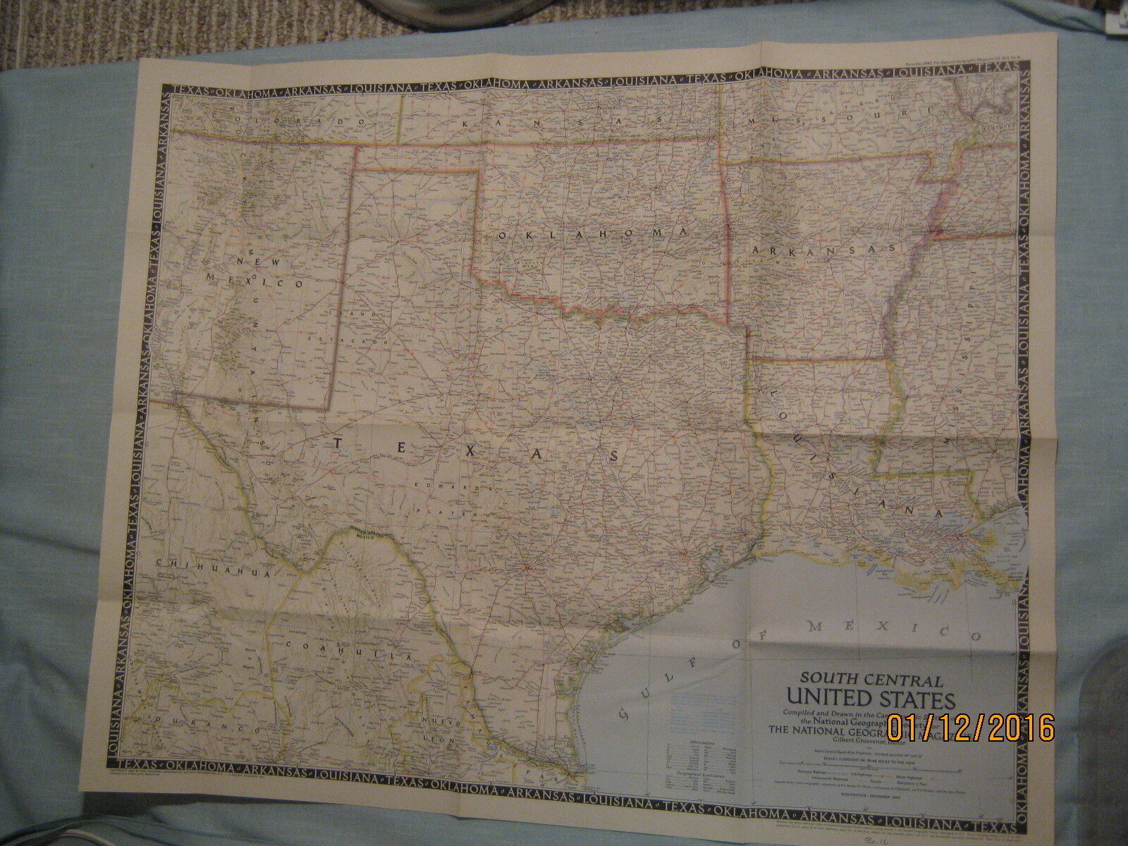 VINTAGE SOUTH CENTRAL UNITED STATES MAP National Geographic December 1947 MINT