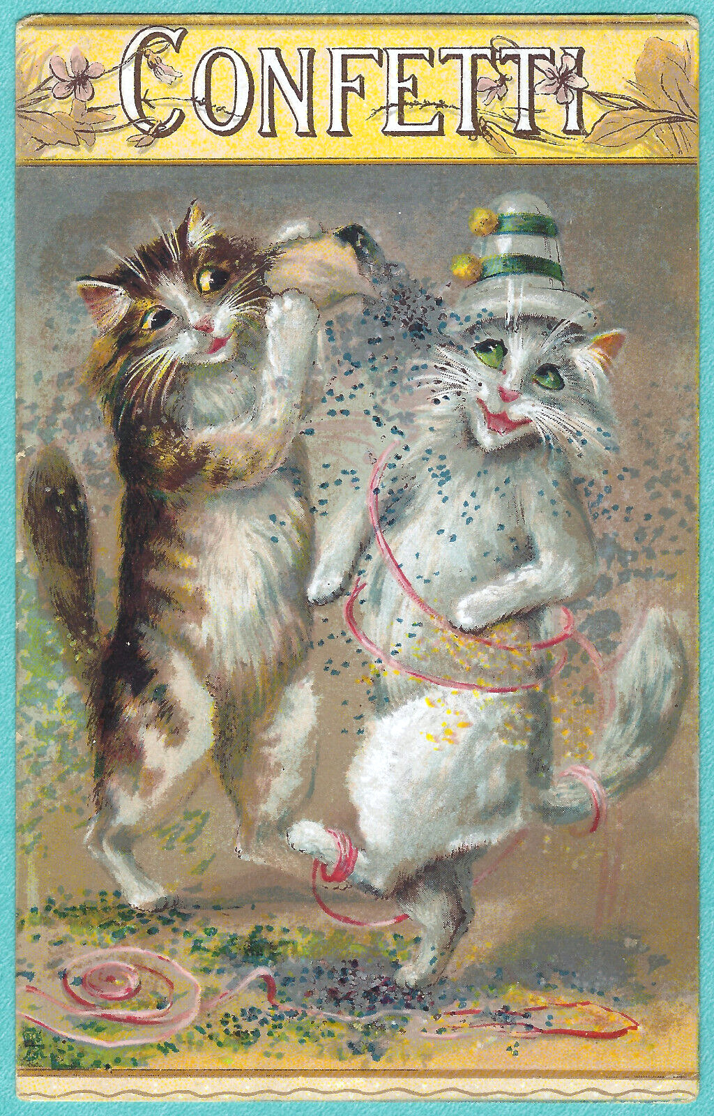 Anthropomorphic Cats Dancing Confetti Boulanger Tuck Antique PC Unused Vtg c1907