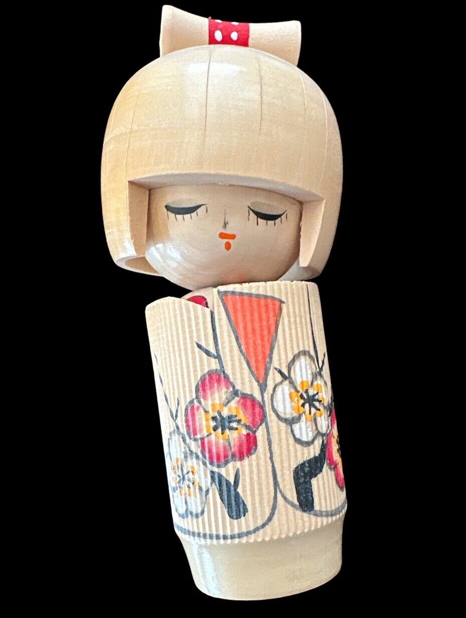 Japanese Kokeshi Wooden Doll 6”  Flowers Vintage EUC