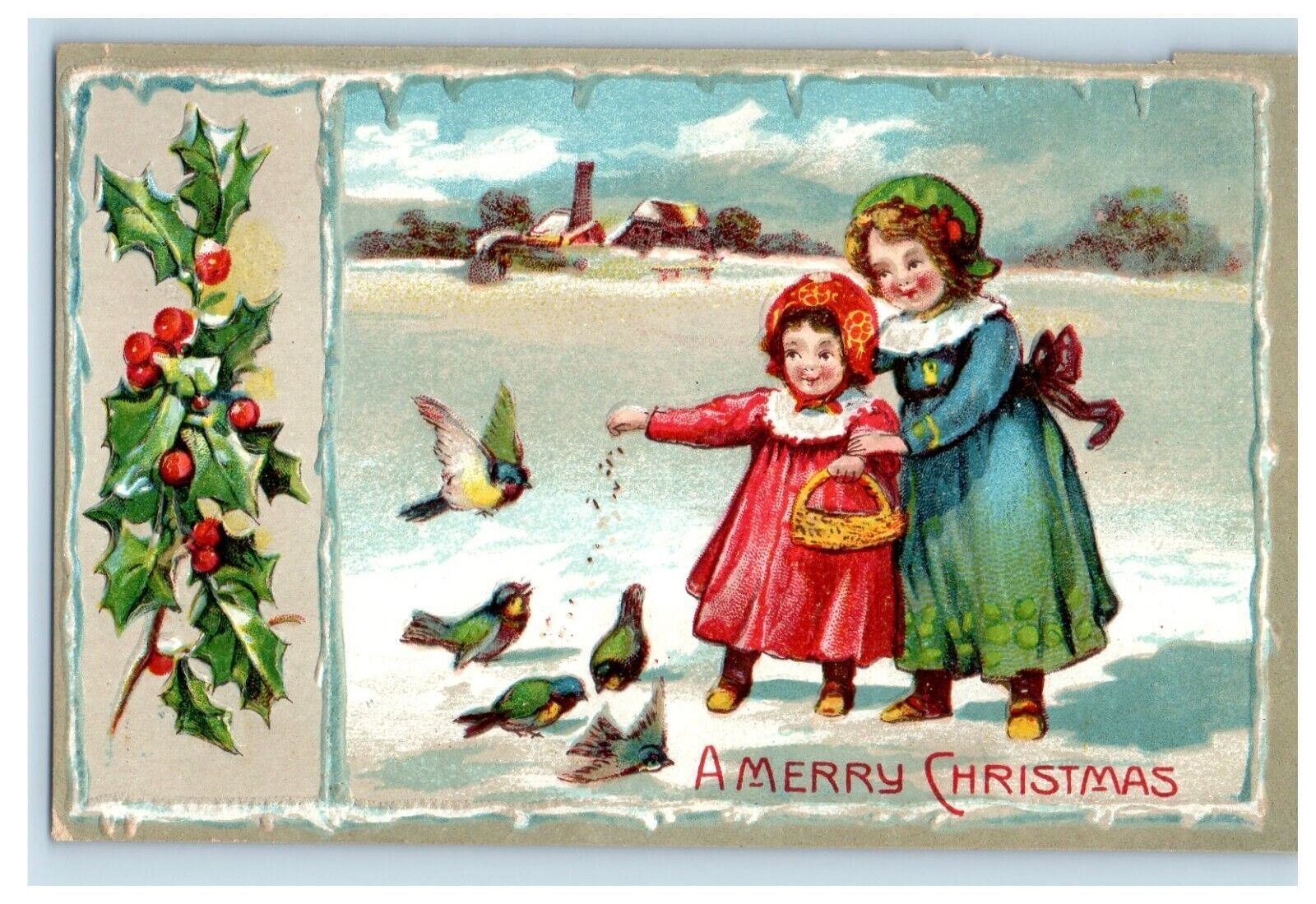 c1910\'s Merry Christmas Mother And Daughter Birds Holly Embossed Postcard