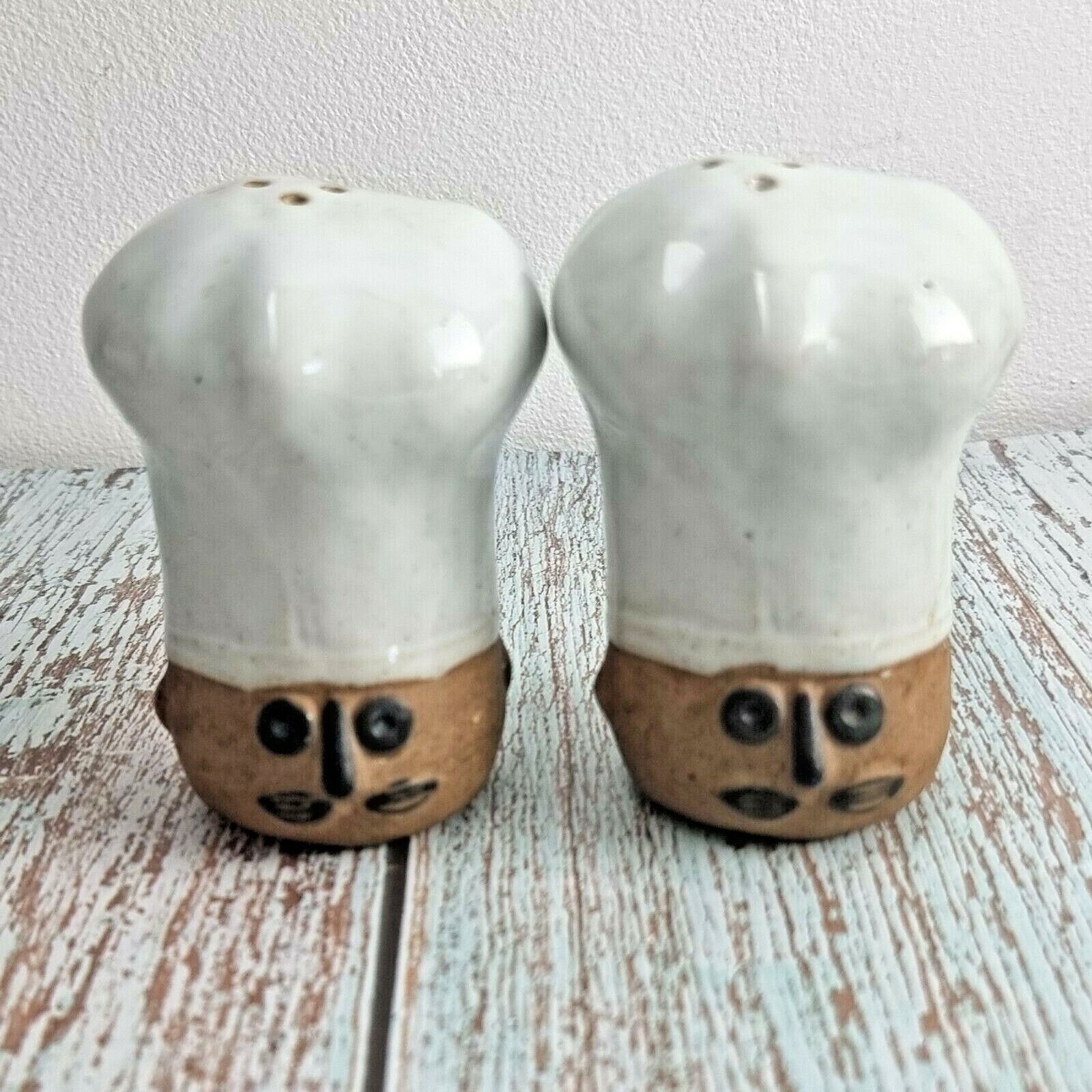 VTG Salt and Pepper Shakers Chef\'s Hat Ceramic Clay Glaze Face Pair Picnic BBQ