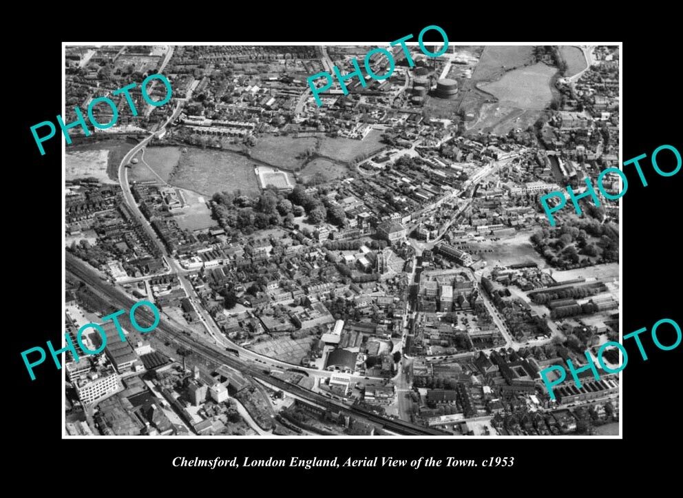 OLD LARGE HISTORIC PHOTO CHELMSFORD ENGLAND AERIAL VIEW OF THE TOWN c1953 1