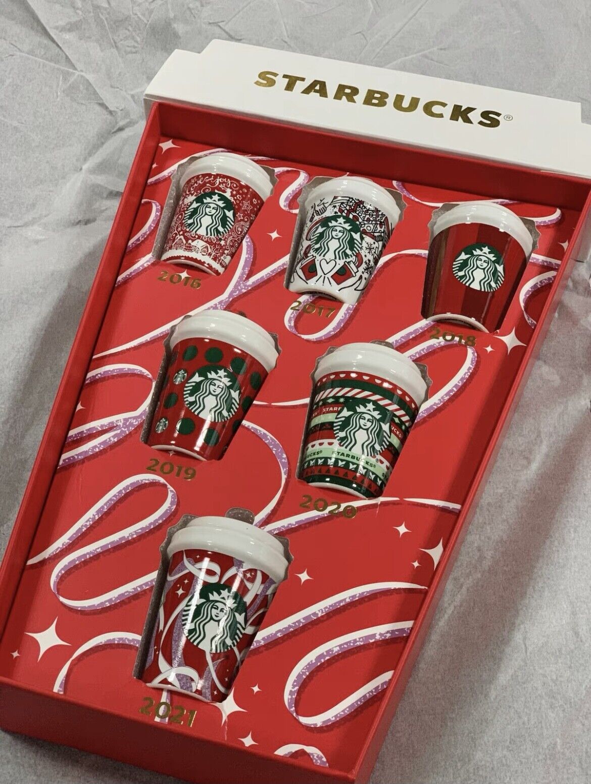 6pcs Set Christmas Starbucks 2006-2021 Xmas Gift Mini Red Cup Cute Ornaments