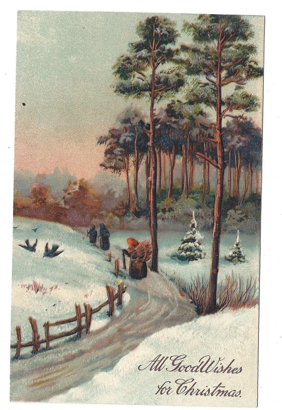 1910 Christmas Woodland Scene Women Carrying Wood Germany PFB Embossed Postcard