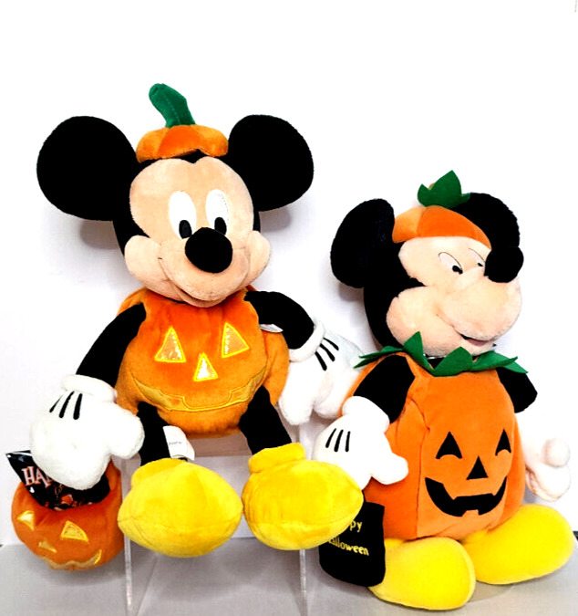 2 Authentic Halloween Mickey Mouse Pumpkin Plush Toy Dolls Disney Store